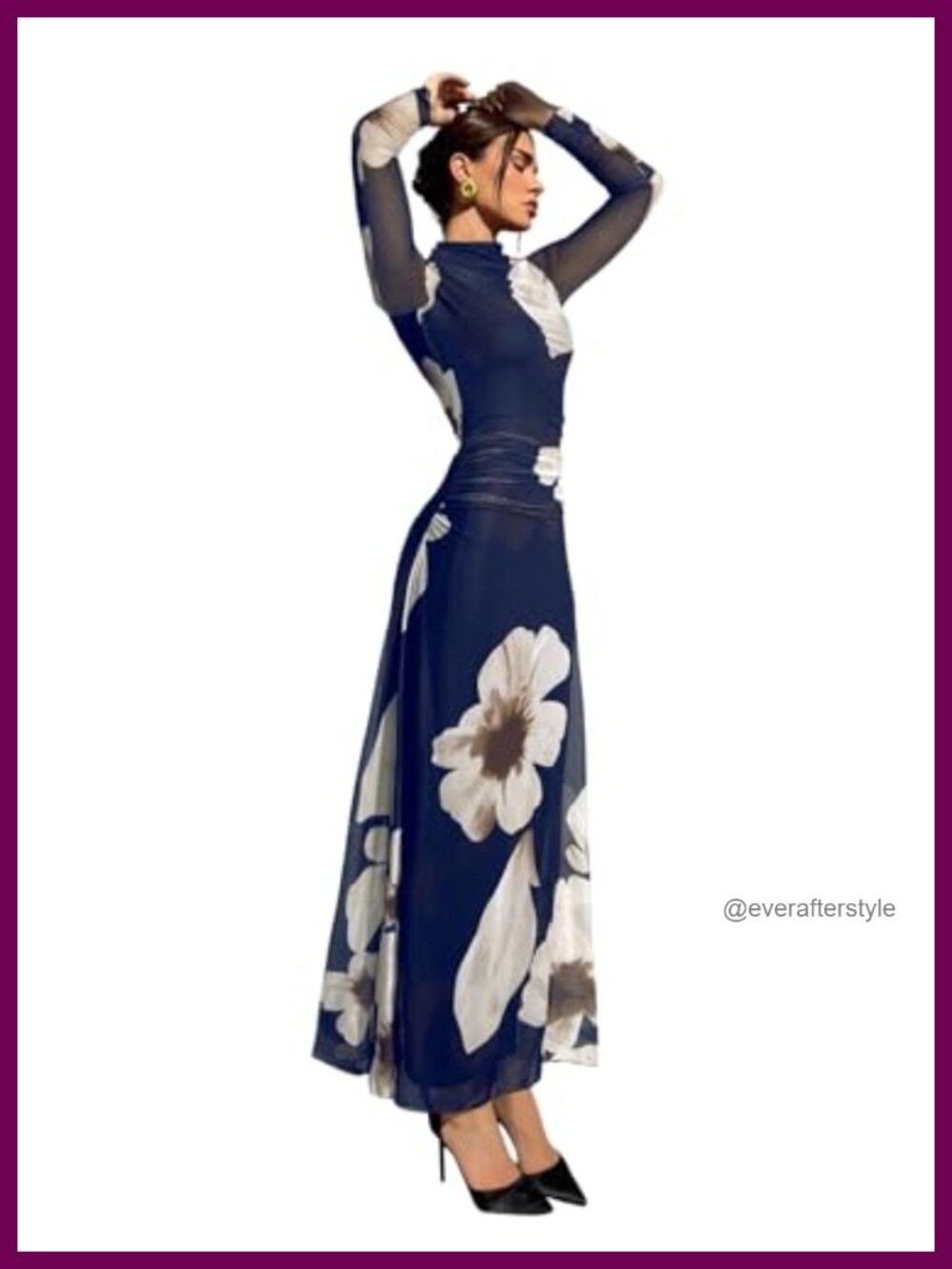 Women's Floral Mock Neck Long Sleeve Ruched A-Line Maxi Dress